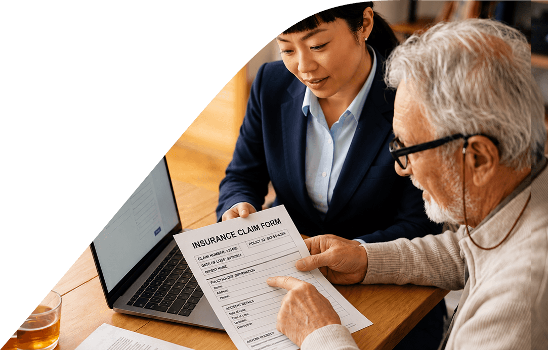 A nurse helping an older man complete an insurance claim form